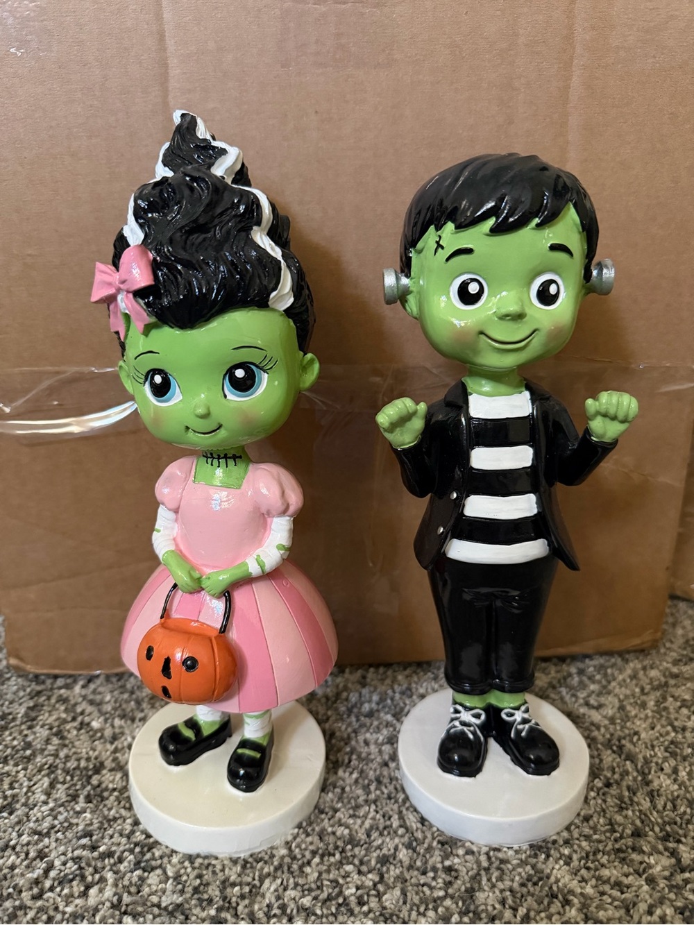 Kids Halloween Frankenstein Girl & Boy Figurine Set - Pink & Black